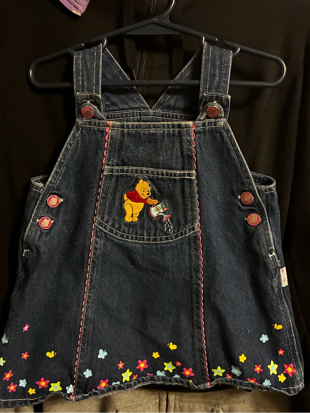 RARE VINTAGE 90s Y2K Disney Dark Blue Denim Overall Dress with Winnie the Pooh